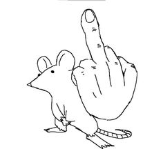 a cartoon mouse pointing to the right with its hand up in front of it, and another