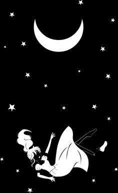 a black and white drawing of a woman floating in the air with stars around her