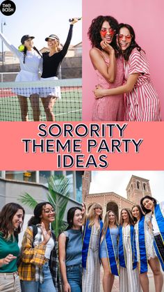 some people are posing for pictures with their tennis rackets and the words sorority theme party ideas