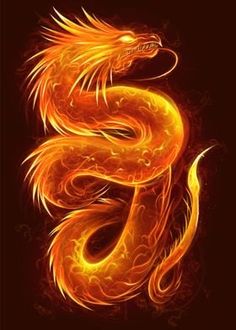 an orange and yellow fire dragon on a black background