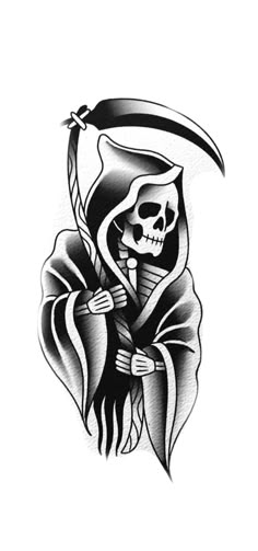 Grim Reaper Trad Tattoo, Neotraditional Grim Reaper Tattoo, Leg Patch Work Tattoo Men, Traditional Grim Reaper Tattoo Flash, Trad Black Tattoo, Black And Grey Flash Tattoo, Tattoo Stencil Outline With Shading, American Traditional Blackwork Tattoos, Old School Tattoo Stencils