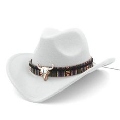 White Western Cowboy, Cowgirl Hat, Multicolor Bull Strap, Men Women, One Size Winter White Wide Brim Fedora, White Adjustable Hat For Country Events, White Adjustable Hats For Outdoor, White Felt Hat With Flat Brim For Winter, White Country Style Hat For Outdoor, Adjustable White Hat For Outdoor, White Fedora Hat For Winter, White Flat Brim Felt Hat For Winter, White Country Style Fedora For Outdoor