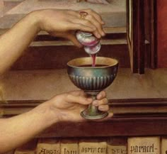 a painting of two hands holding a wine goblet in front of an open bookcase