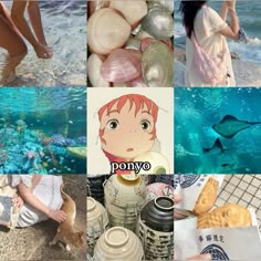 there are pictures of people and animals in the water