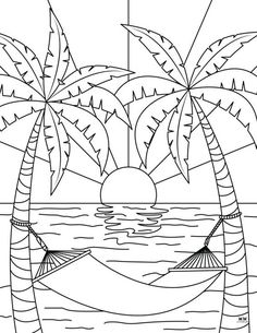 a coloring page with two palm trees on the beach