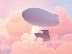 an image of a hot air balloon flying in the sky with clouds and sun behind it