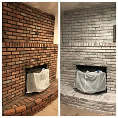 two pictures side by side of a brick fireplace and the same one with a cover on it