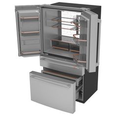 an open refrigerator and freezer combo with both doors opened to reveal the inside space