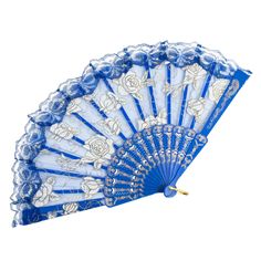 a blue and white fan with roses on the front is seen against a white background