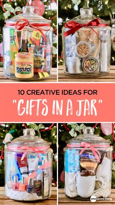 christmas gifts in a jar with text overlay that says 10 creative ideas for gifts in a jar