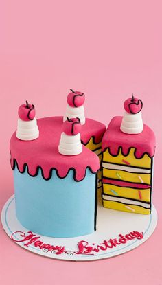 a birthday cake with two pieces cut out and topped with pink frosting, white icing and cherries