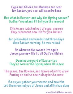 an easter poem with the words, eggs and chicks and bunnies are near for easter