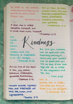 an open bible with the words kindness written on it