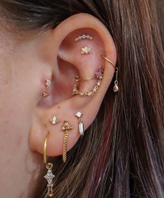 Solid 14k gold ear curation using pieces from Buddha Jewelry Two Piercings, Upper Lobe, Gold Hoop Earring, Second Piercing, Ear Stack, Dainty Chain