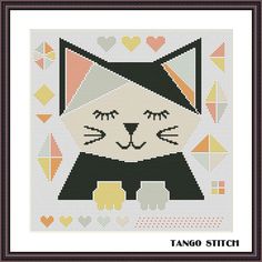 a cross stitch pattern with a cat wearing a black and white outfit, surrounded by hearts