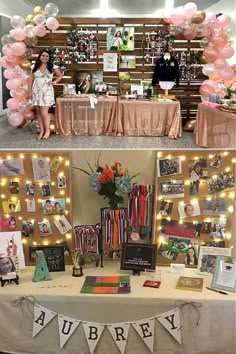 the table is set up with balloons and pictures on it, and there are two tables covered