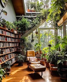 a room filled with lots of plants and books