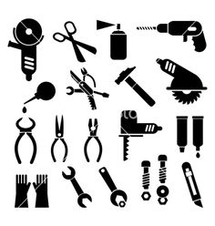 black and white silhouettes of various tools for the construction industry, including screwdrivers