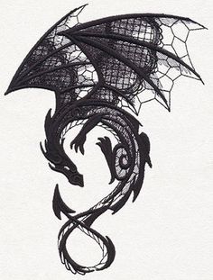 a black and white drawing of a dragon on a white paper with an intricate design