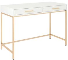 a white and gold desk with two drawers on each side, against a white background