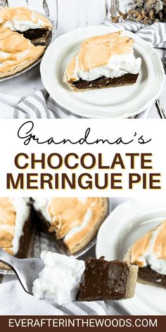 chocolate meringue pie on a white plate with the title text above it reads grandma's chocolate meringue pie