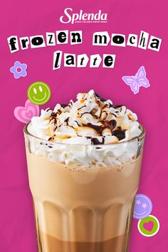 an advertisement for the frozen mocha latte is shown on a pink background with butterflies