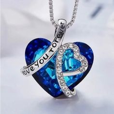 Heart Stone And Engraved I Love You Forever Necklace, Ocean Necklace, Crystal Heart Necklace, Crystal Heart Pendant, Crystal Choker Necklace, Heart Shaped Necklace, Necklace For Girlfriend, I Love You Forever, Valentines Necklace