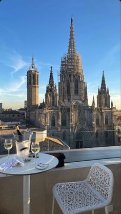 two glasses of wine are sitting on a table in front of a cityscape