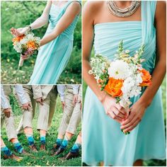 the bridesmaids are holding their bouquets and wearing blue shoes with matching socks