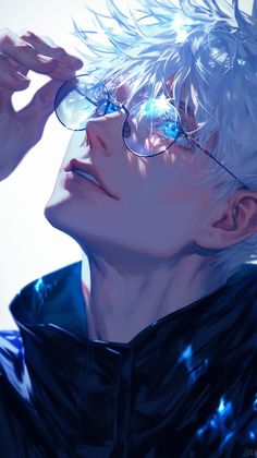 a man with white hair and glasses is looking up at something in the sky,