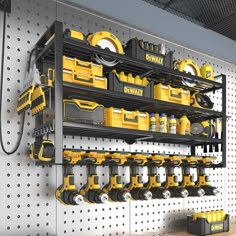 there are many tools on the pegboard in this garage storage area that is organized and organized