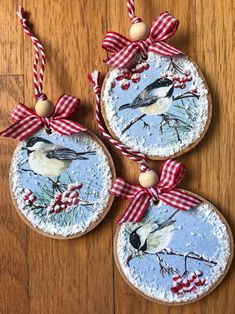 three christmas ornaments with birds on them hanging from red and white ribbons, sitting on a wooden surface