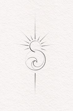 the letter s is drawn in black ink on white paper with a sun behind it