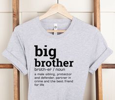 "Big Brother Mean Shirt, Protector and Defender, Partner In Crime, Best Friend For Life, Bro and Sister, Custom Tee, Family Matching Shirt WELCOME TO \"BesTeeShirts\" ! High quality and super soft, comfortable shirt. Made with top of the line vinyl and pressed with a professional grade heat press. All our simple color ones like White, Black, and Red are 100% Cotton. All our Heathered Colors are cotton/polyester blend and they are super comfy soft! SIZING AND COLORS Make sure you check our size-c Best Friend For Life, Minnie Shirt, Brother Shirts, Custom Tee, Shirts Ideas, Best Friends For Life, Custom Tees, Simple Colors, Star Shirt