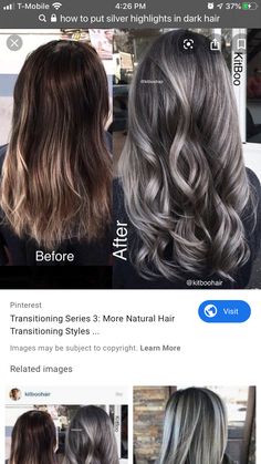 Brown Hair With Silver Highlights, Grey Balayage, Transition To Gray Hair, Blending Gray Hair, Gray Hair Highlights, Grey Hair Color, Ombre Hair Color, Brown Hair Colors