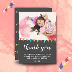 Cute Fun Bunting Flag Kid BIrthday Photo Thank You Card I Thank You