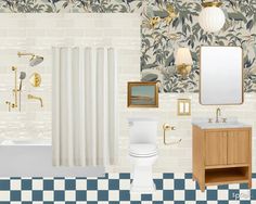 a bathroom with blue and white checkered flooring, gold fixtures and wallpaper