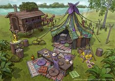 an illustration of a tent set up in the middle of a field with food on it