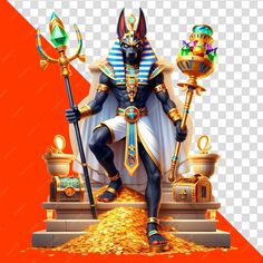 an egyptian god sitting on top of a pile of gold