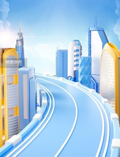 an image of a road going through the city with skyscrapers and buildings in the background