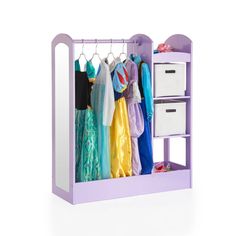 a purple shelf filled with lots of clothes