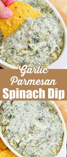 garlic parmesan spinach dip in a white bowl with tortilla chips