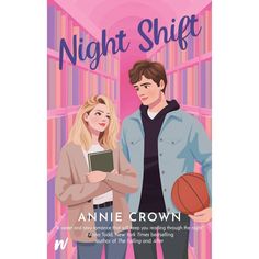 a man and woman standing next to each other in front of bookshelves with the title night shift