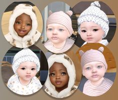 four different pictures of babies wearing hats and scarves, all in various colors with the same pattern on them