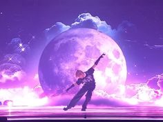 a person standing on top of a stage in front of a large moon and clouds