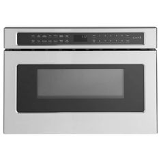 a stainless steel microwave oven with the door open and electronic controls on it's side