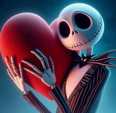 jack skellingy holding a red heart with his hands in the shape of a skeleton