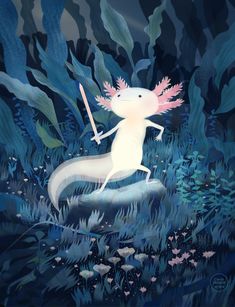 a painting of a white creature holding a stick in the forest with leaves and plants