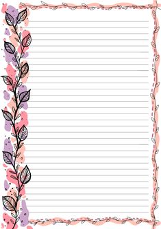 a pink and purple lined paper with leaves on the border, in front of a white background