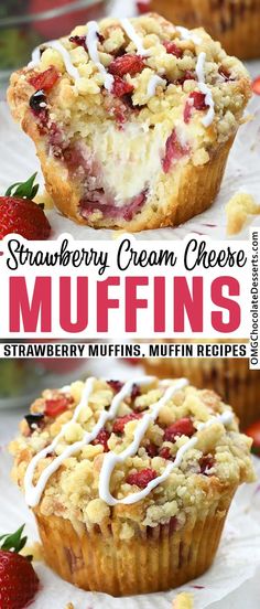 strawberry cream cheese muffins with strawberries on top